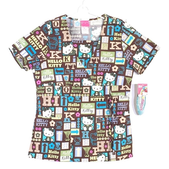 Sanrio Tops - Sanrio Hello Kitty Brown Square Print Scrub Top S